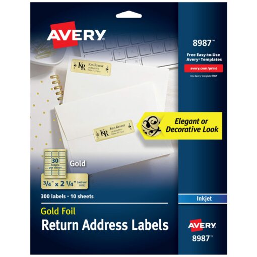 Avery Printable Return Address Labels, 0.75" x 2.25", Gold Foil, 300 Blank Mailing Labels (08987) 1