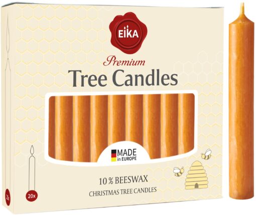 Eika Premium 10% Beeswax Tree Candles - Pack of 20 Honey Colored Natural Christmas Wax Candles for Pyramids, Carousels & Chimes - Made in Europe 1 Pack