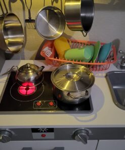 Amazon Basics Kids Upright Wooden Kitchen Toy Playset with Stove, Oven, Sink, Fridge and Accessories, for Toddlers, Preschoolers, Children Age 3+ Years, White & Gray, 39"L x 11.8"W x 39'H' Upright Kitchen 41 71yVkFi JNL