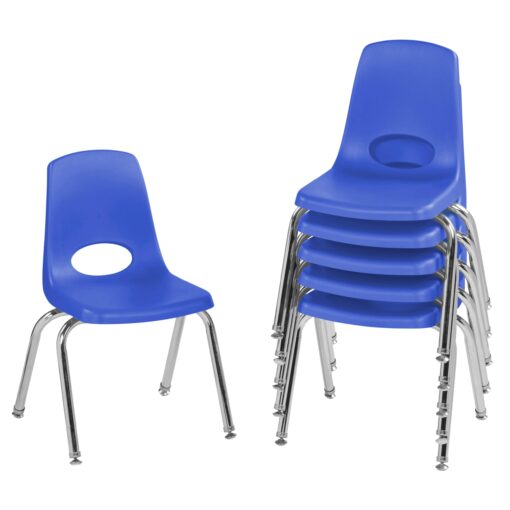 Factory Direct Partners 10364 14" School Stack Chair, Stacking Student Seat with Chromed Steel Legs and Nylon Swivel Glides for in-Home Learning or Classroom - Blue (6-Pack) 14 inch