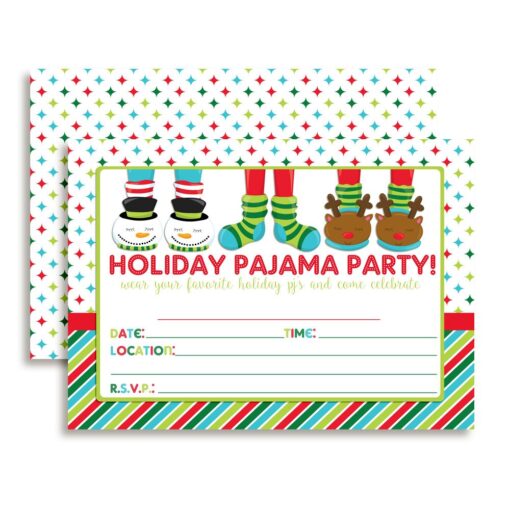 Holiday Pajama Birthday Party Invitations, 20 5"x7" Fill In Cards with Twenty White Envelopes by AmandaCreation