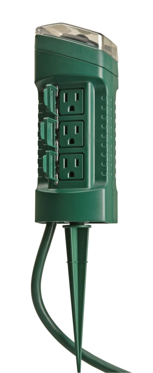Woods 13547 Outdoor Yard Stake with Photocell Built-In Timer and 6- Foot Cord, Automatic Lighting with Adjustable Settings, Ideal for Holiday Outdoor Lighting, 125-volt / 13-amp, 1625-watt, Green 6-Outlet
