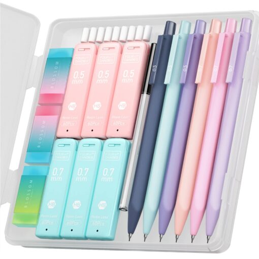 Four Candies Cute Mechanical Pencil Set, 6PCS Pastel Pencils 0.5mm & 0.7mm with 360PCS HB Pencil Leads, 3PCS Erasers and 9PCS Eraser Refills, Aesthetic Mechanical Pencils for Girls Writing 0.5&0.7 mm