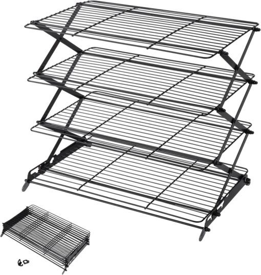 Geesta 2/3/4-Tier Upgraded Collapsible Cooling Rack with Adjustable 3 Setting Design Stackable Roasting Cooking Drying Wire Cooling Rack for Cookies Baking Gifts for Women 4 Tiers Black