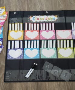 REGELETO Class Jobs Pocket Chart with 70 Colorful Dry Erase Cards and 3 Hooks,Class Management Educational Pocket Chart Teacher's Helper Size: 24.5”x21.8”inch Bulletin Board for Classroom (Black) 16-Pockets 34 71yxqlVa4fL