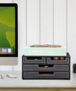 KINGFOM PU Leather Desk Organizer with 4 Drawers Small, Desktop Organizer Drawer for Office Supplies Accessories, Stationery Storage Box Bills Collection Holder Black Small Drawer Black 16 71z1rTC6ehL