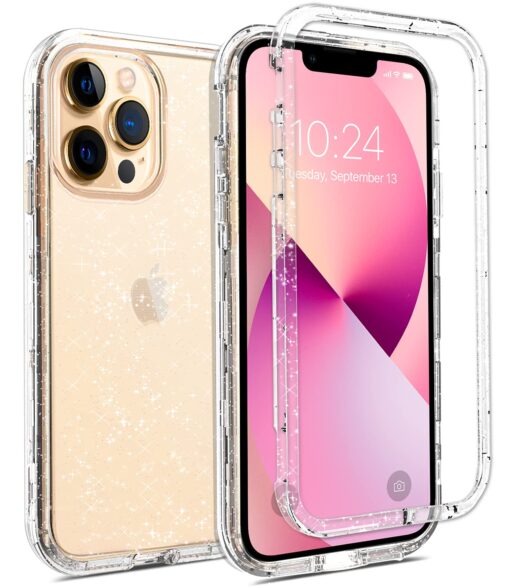 Coolwee Crystal Glitter Full Protective Case Compatible iPhone 13 Pro Max Heavy Duty Hybrid 3 in 1 Rugged Shockproof Women Girls Transparent Compatible Apple iPhone 13 Pro Max 6.7 inch Clear Sparkle