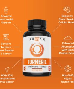 Zhou Turmeric Curcumin and Ginger with Bioperine 1800 mg | Extra Strength Antioxidant for Maximum Joint Comfort and Mobility | Non-GMO | 30 Servings, 90 Veggie Caps 16 71zBJF9byL