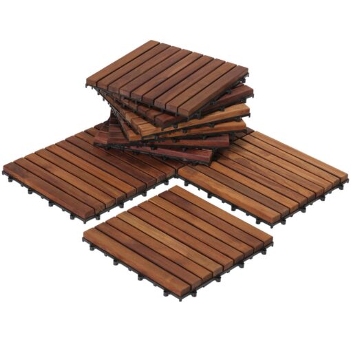 Bare Decor EZ-Floor Interlocking Flooring Tiles in Solid Teak Wood Oiled Finish (Set of 10), Long 9 Slat 10 sq ft