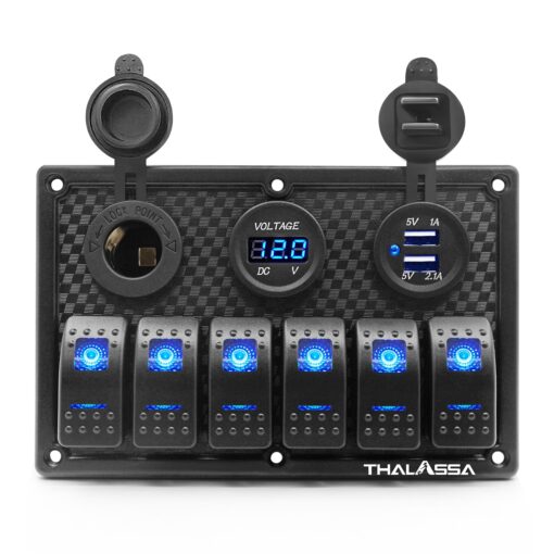 6 Gang Waterproof Rocker Switch Panel Blue LED Digital Display Voltmeter Dual 5V USB Charger Socket DC 12V Slot, 5 Pin Lighting Toggle Switches with 15A Fuse for RV Truck Car Marine Boat Vehicle 6 gang S0016B