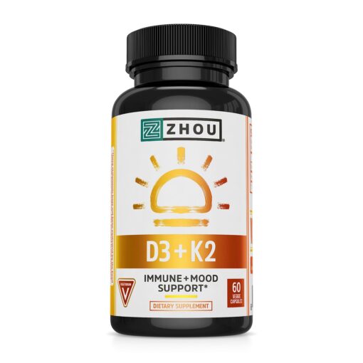 Zhou Nutrition Vitamin D3 K2, Bone and Heart Health Formula 5000 IU Vitamin D3 & 90 mcg Vitamin K2, Max Strength 2 in 1 Immune Support and Calcium Absorption, Gluten Free, 60 Count Capsules