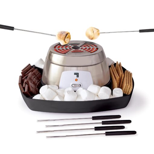 SHARPER IMAGE Electric Tabletop S'mores Maker 8-Piece Kit, 4 Skewers & Serving Tray, Small Kitchen Appliance, Flameless Marshmallow Roaster Machine, Movie Date Night Supplies, Kids Family Fun Gift New Version - Black