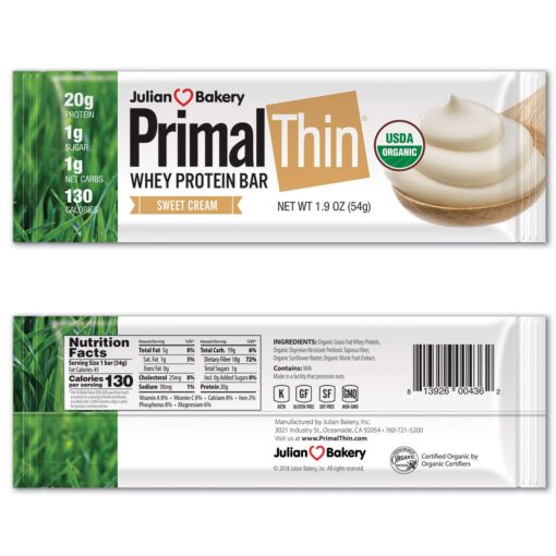 Primal Thin Protein Bars w/ 20g Organic Protein Grass Fed Whey (130 Cal, 1g Sugar, 1 Net Carb) (Gluten Free) (12 Bars) Sweet Cream 12 Bars 12 Count (Pack of 1)