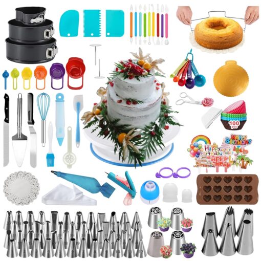 390PCS Cake Decorating Supplies Kit, Baking Tools Set for Cakes – 3 Packs Springform Cake Pans Cake Rotating Turntable 48 Numbered Piping Icing Tips 4 Russian Nozzles 9 Fondant Tools for Beginners