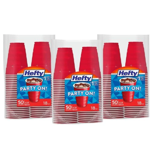 Hefty Party On Disposable Plastic Cups, Red, 18 Ounce, 50 Count (Pack of 3), 150 Total 50 Count (Pack of 3)