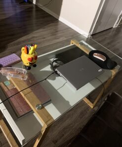 bonVIVO Massimo Small Desk - 43 Inch, Modern Computer Desk for Small Spaces, Living Room, Office and Bedroom - Study Table w/Glass Top and Shelf Space - White White/Glass 43" Desk 55 71zbbE6kscL