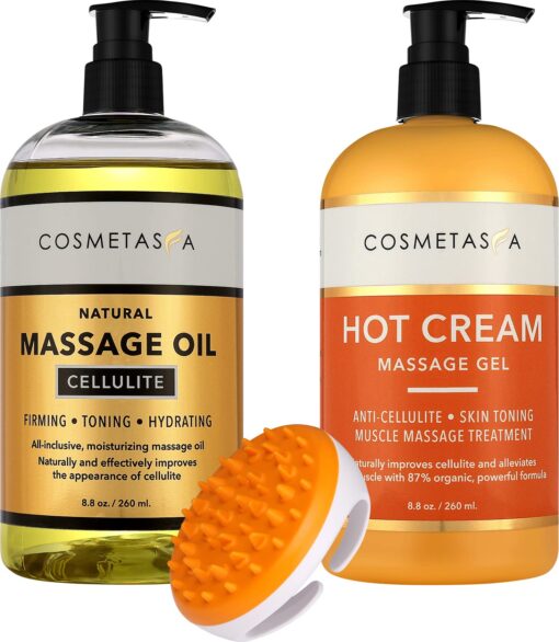 Cellulite Massage Oil, Gel & Mitt - Natural Hot Cream Massage Gel, Oil & Massager - Firm, Tone, Tighten & Moisturize Skin. Soothes Muscles