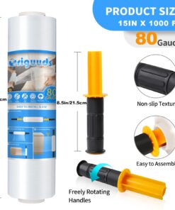 Origuuds Stretch Film, 80 Gauge Stretch Wrap with Handles, Industrial Strength Plastic Wrap for Moving, Pallet Wrap, Packing, Furniture Wrapping, Luggage (Clear/15 Inch x 1000 Feet,1 Roll) Clear 1 Roll/15in x 1000FT 14 71zhskf9yiL