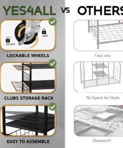 Yes4All Golf Bags Storage Garage Organizer, Golf Club Storage Stand and Lockable Wheels for Garage Indoor Basement, Extra Rack for Golf Clubs and Other Golfing Equipment Black 10 71ziZIlVLjL