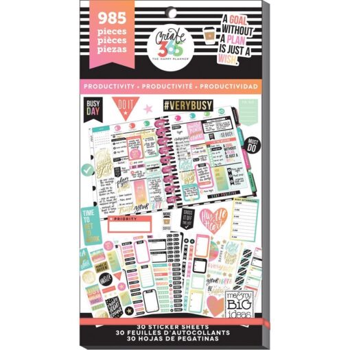 me & my BIG ideas Sticker Value Pack - The Happy Planner Scrapbooking Supplies - Productivity Theme - Multi-Color & Gold Foil - Great for Projects, Scrapbooks & Albums - 30 Sheets, 985 Stickers Total