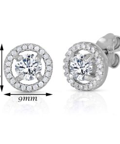 Alternative view of Halo Round Stud Earrings in .925 Sterling Silver with Simulated Birthstone and CZ April