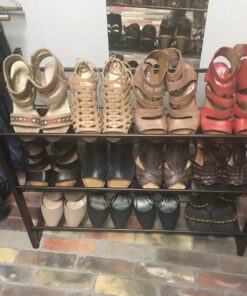 SONGMICS 3-Tier Shoe Rack Storage, Adjustable Metal Mesh Shoe Organizer Stand, Flat/Angled Stackable Shoe Rack Shelf for 9-12 Pairs, Shoe Tower for High Heels, Sneakers, Bronze, 12.1" x 29.1" x 24.7" 38 71zzYyrStL