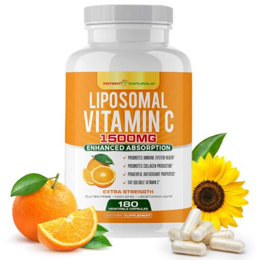 POTENT NATURALS Liposomal Vitamin C 1500mg, Vitamin C Supplement - High Absorption Ascorbic Acid - Immune-Support Supplement & Helps Collagen Production- 180 Capsules 1500 MG