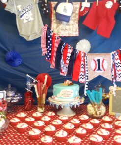 Baseball Banner for 1 St Birthday - First Birthday Decorations for Baseball Rag Tie Fabric Garland, Photo Booth Props Red White Blue, Birthday Souvenir and Gifts for Boy 29 81 AufKpE2L