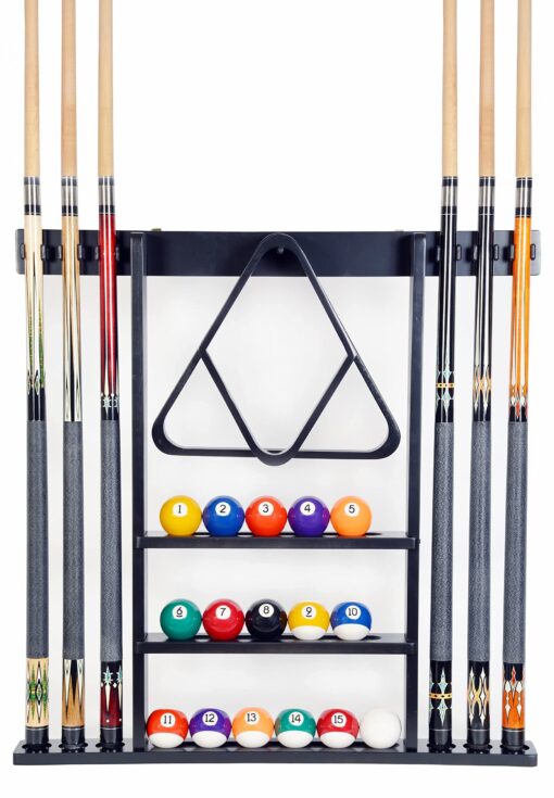 Iszy Billiards Pool Cue Rack - Billiard Stick Holder Only - 100% Wood Wall Mount Holds 6 Cues and a Full Set of Balls - Pool Accessories, Black