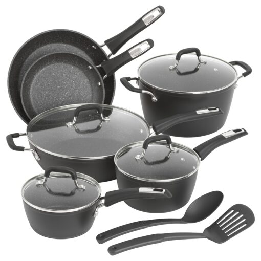 GoodCook 12-Piece Micro-Divot Nonstick Aluminum Cookware Set with Pans, Dutch Oven, Spoon and Turner, Black (6184) 12 piece set