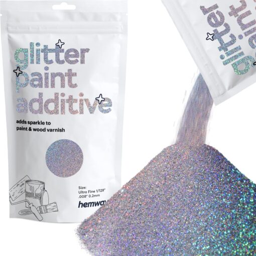 Hemway Glitter Paint Additive Glitter Crystals for Acrylic Paint, Interior & Exterior Walls, Wood, Varnish, Furniture, Matte, Gloss, Satin, Silk - 100g / 3.5oz - Silver Holographic