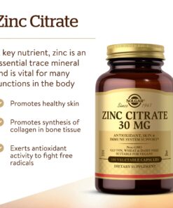 Solgar Zinc Citrate 30 mg, 100 Vegetable Capsules - Zinc for Healthy Skin, Taste & Vision - Immune System & Antioxidant Support - Citrate Form for Optimal Absorption - Non GMO, Vegan - 100 Servings 11 81 XO3du aL