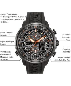 Citizen Men's Promaster Navihawk A-T Eco-Drive Pilot Watch, Atomic Timekeeping, Chronograph, Power Reserve Indicator, Luminous Hands and Markers, Anti-Reflective Crystal Black Rubber Strap 31 81 gUnx3GL