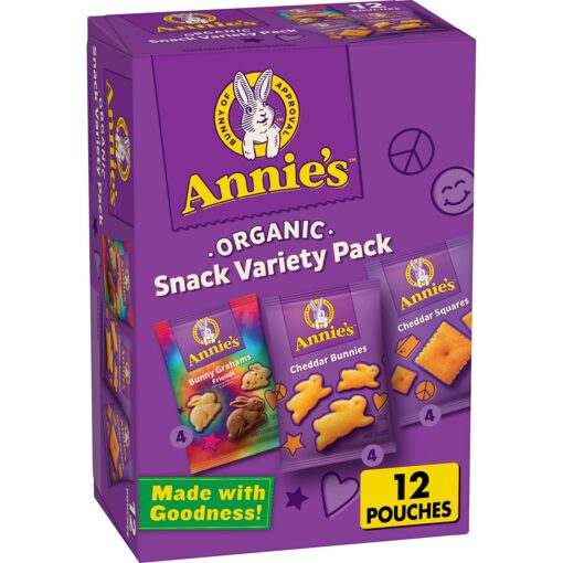 Annie's Homegrown Variety Organic Variety Pack, Cheddar Bunnies, Bunny Grahams & Cheddar Squares, 12 Pouches Crackers & Graham snacks 12 Piece Assortment