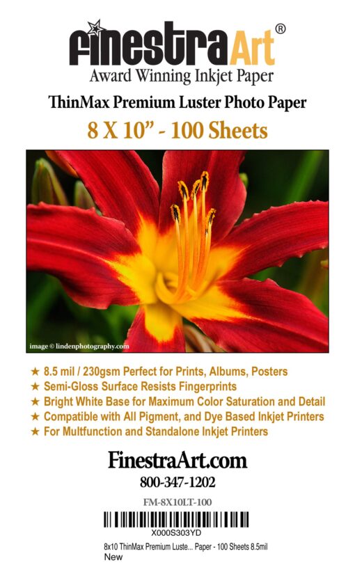 8" X 10" ThinMax Premium Luster Inkjet Photo Paper - 100 Sheets