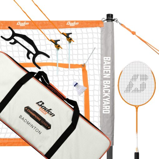 Baden | Champions | Portable Badminton Set | Regulation Net + 3 Shuttlecocks + 4 Racquets + 1 Boundary + 1 Carry Bag Official Size (5' 1") Orange/Gray