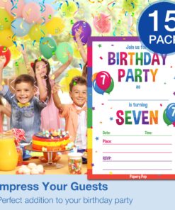 Papery Pop 7th Birthday Party Invitations with Envelopes (15 Count) - 7 Year Old Kids Birthday Invitations for Boys or Girls - Rainbow 14 81 sGfiXdrL