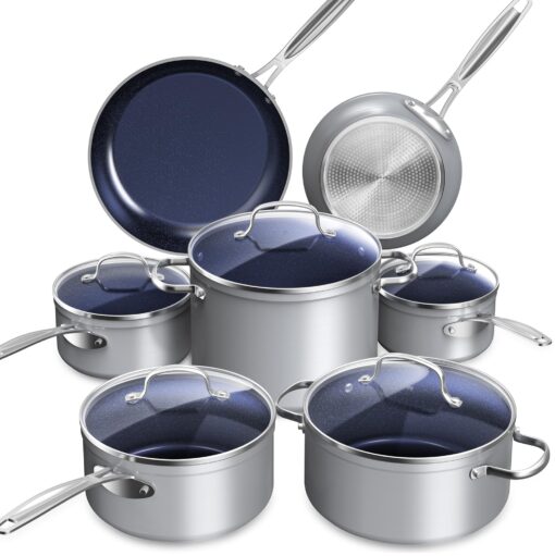 Nuwave Healthy Duralon Blue Ceramic Nonstick Cookware Set, Diamond Infused Scratch-Resistant, PFAS Free, Dishwasher & Oven Safe, Induction Ready & Evenly Heats, Tempered Glass Lids & Stay-Cool Handles 12pc Cookware Set Cool Gray