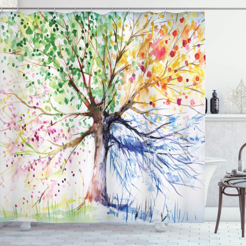 Ambesonne Tree Shower Curtain, Watercolor Style Drawing Art with Colorful Blooming Branches 4 Seasons Theme Printed, Cloth Fabric Bathroom Decoration for Home Set with Hooks, 69" W x 75" L White Green