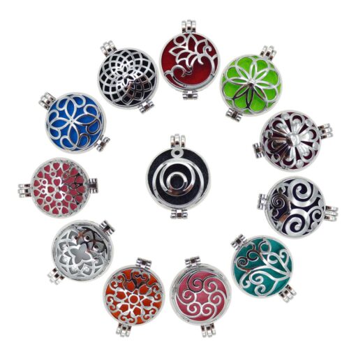 Wholesales 12pcs Mixed Silver 32mm Round Aromatherapy Pendant Locket Essential Oil Diffuser Necklace