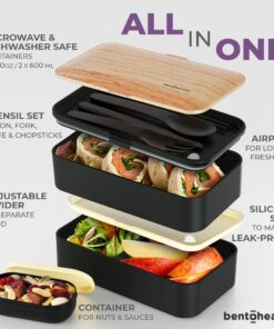 Alternative view of Bentoheaven Premium Bento Box Adult Lunch Box with Compartments for Women & Men, Set of Utensil & Chopsticks & Dip Container, Cute Japanese Kids Bento Lunch Box, Microwavable (Symph-Onyx) Symph-Onyx