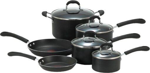 T-fal Ultimate Hard Anodized Nonstick Cookware Set 10 Piece Induction Oven Safe 400F Pots and Pans, Dishwasher Safe Black Titanium Nonstick 10-Piece