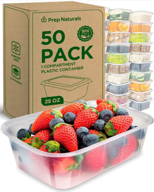 PrepNaturals 50 Pack Meal Prep Containers - 50 Pack of 25 Oz 100% BPA-free Plastic Food Storage Containers with Lids - Reusable Plastic Containers with Lids - Dishwasher Safe Lunch Containers Rectangular