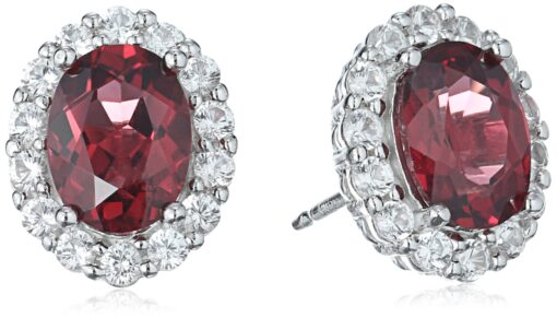 Amazon Collection Sterling Silver White Sapphire Halo Oval Stud Earrings Red Rhodolite/Rhodium