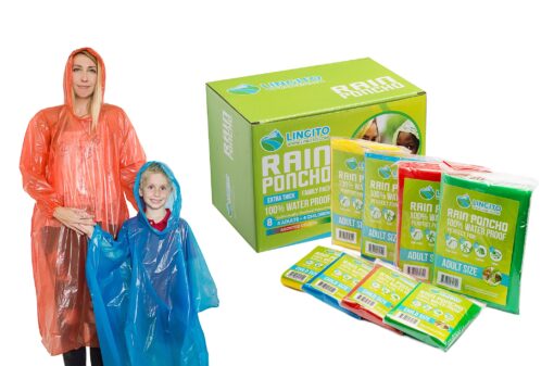 Lingito Rain Ponchos Family Pack - Emergency Drawstring Hood Poncho for Children & Adults Lightweight Reusable or Disposable Family - (4) Adult + (4) Children Multicolor