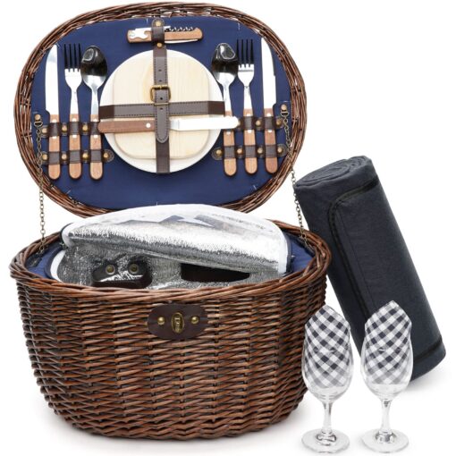 Unique Willow Picnic Basket for 2 Persons, Natural Wicker Picnic Hamper with Service Set and Insulated Cooler Bag - Best Gifts for Father Mother Shabby Chic