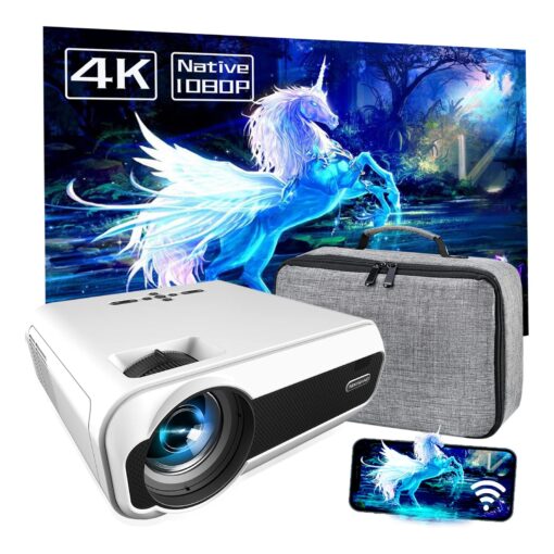 NIKISHAP Projector with WiFi and Bluetooth, Small Projector 4K Outdoor Movie Projector Short Throw, Smart Phone 1080P Projector Compatible with HDMI, VGA, USB, TV Stick, iOS, Android, PC, Laptop white