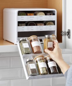 YouCopia SpiceStack Adjustable Spice Rack Organizer, Pull-Down 24-Bottle Seasonings and Spices Holder for Kitchen Cabinet and Pantry Organization with 104 Included Labels White 29 810u5AKb06L