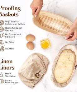 Sourdough Bread Proofing Baskets and Baking Supplies, A Complete Bread Making Kit Including Two 10" Oval Bannetons, Bread Lame, Danish Whisk, Bowl & Dough Scrapers, and Linen Liners 10" Oval (2x) 13 811V6 OiltL