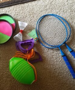 High Bounce 3 in1 Outdoor Games Combo Set for Kids, with Badminton Rackets Set, Toss and Catch Ball Set, Sliding Zoom Ball Game, Mesh Bag, Birdies, and Tennis Ball Included 24 811fJ4jTjPL